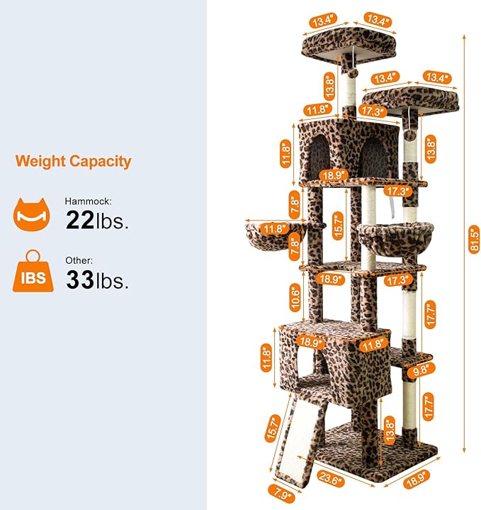 82" Tall Cat Tree,Giant Cat Tree for Indoor Cats Large Adult, Heavy Duty Cat Tree Tower, Extra Large Cat Trees with Scratching Posts, Cat Condos, Hammock,Top Perch,Ramp (Leopard)