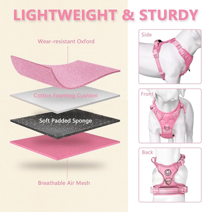 PoyPet No Pull Dog Harness, No Choke Reflective Dog Vest, Adjustable Pet Harnesses with 2 Leash Attachments with Easy Control Padded Handle for Small Medium Large Dogs(Light Pink Matching Trim,M)