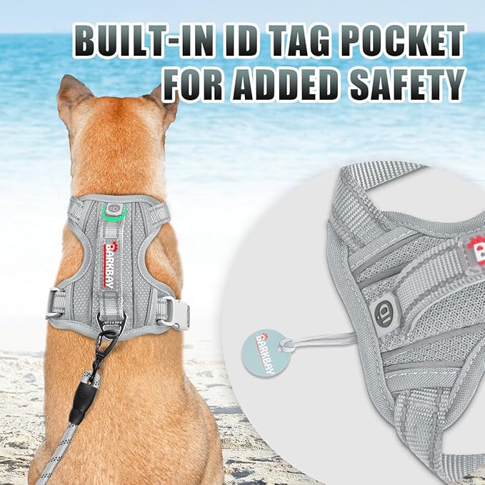 BARKBAY No Pull Dog Harness Large Reflective Dog Harness with Front Clip and Easy Control Handle for Walking Training Running with ID tag Pocket(Grey,XS)