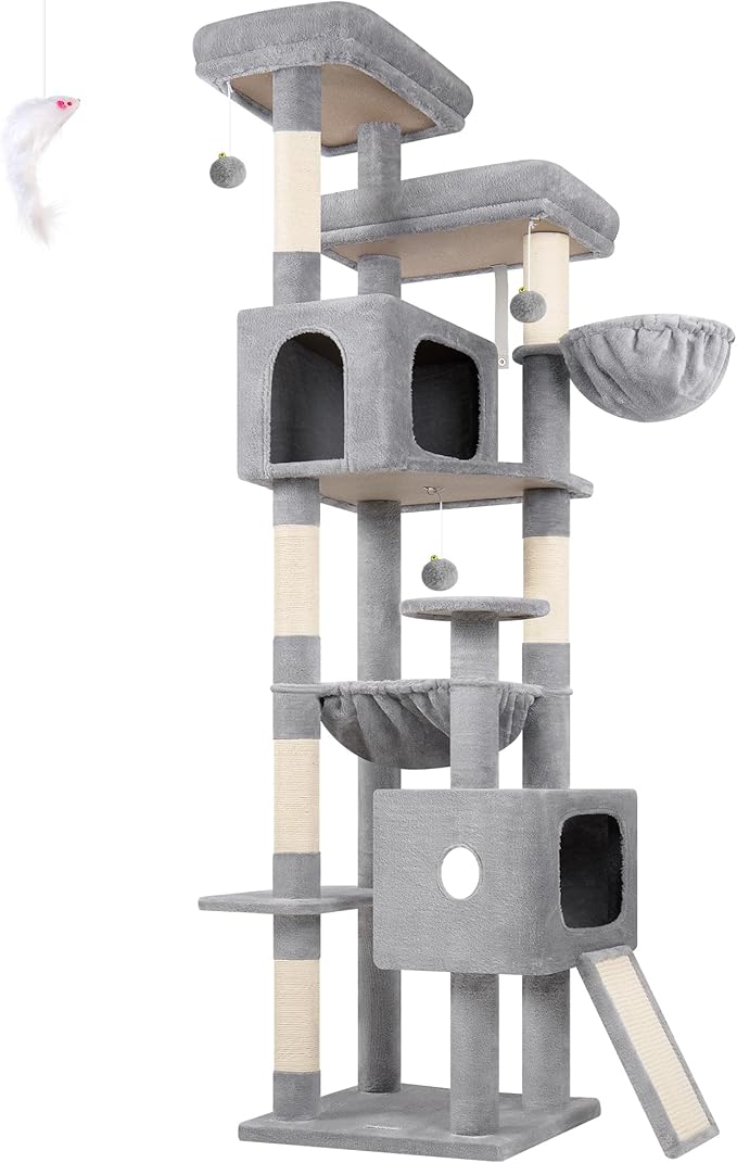 Globlazer 80 Inch Cat Tree for Large Cats, Stable Multi-Level Cat Tree with 2 Condos & Sisal Scratching Posts for 2-3 Cats, Thickened Base Space Saving Cat Tree Tower, F80G, Light Gray