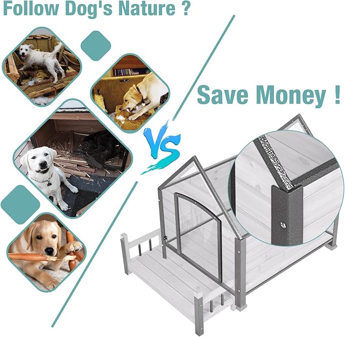 Dog House for Outdoor/Indoor, Weatherproof Outdoor Kennel for Large Dogs, Chew-Resistant Iron Frame & Asphalt Roof (Grey, L)