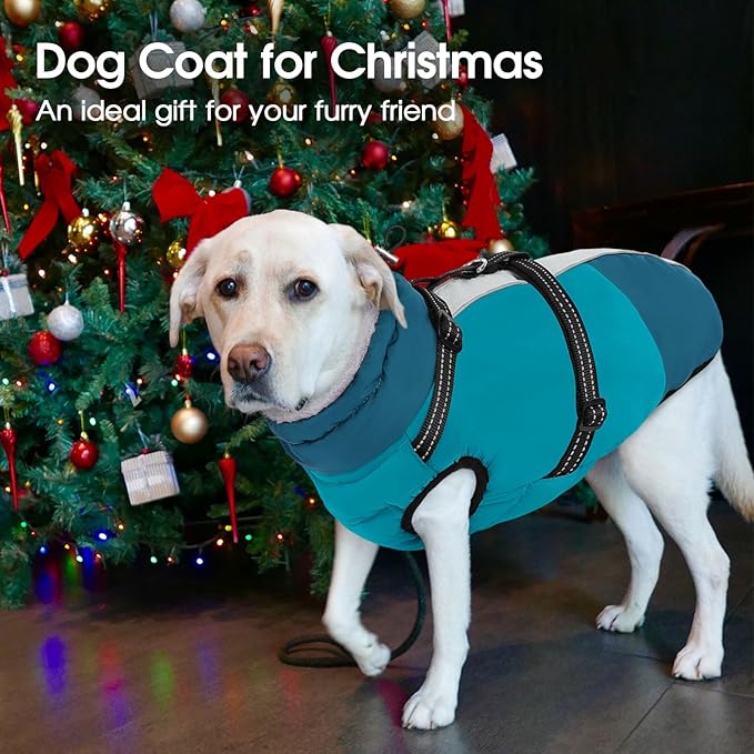 SUNFURA Dog Coat, Warm Dog Jacket with Harness Built in, Waterproof Pet Winter Coat Snowsuit with Zipper, Reflective Fleece Jacket for Extra Large Dogs, Weimaraner, Turquoise XXL