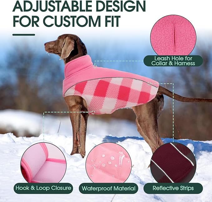 Kuoser Dog Winter Coat, Reversible Waterproof Dog Jacket with Reflective Strip, Warm Dogs Fleece Vest Adjustable Doggy Cold Weather Clothes Plaid Christmas Outfit Pet Apparel for Large Dogs, Pink XL