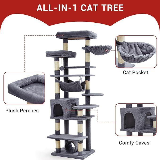 GarveeHome 67 in Cat Tree for Large Cats, Features Scratching Post, Cat Condo, Platforms, Tunnel, Hammock, Food Station & Bowls – Ideal for Indoor Cats, Dark Gray