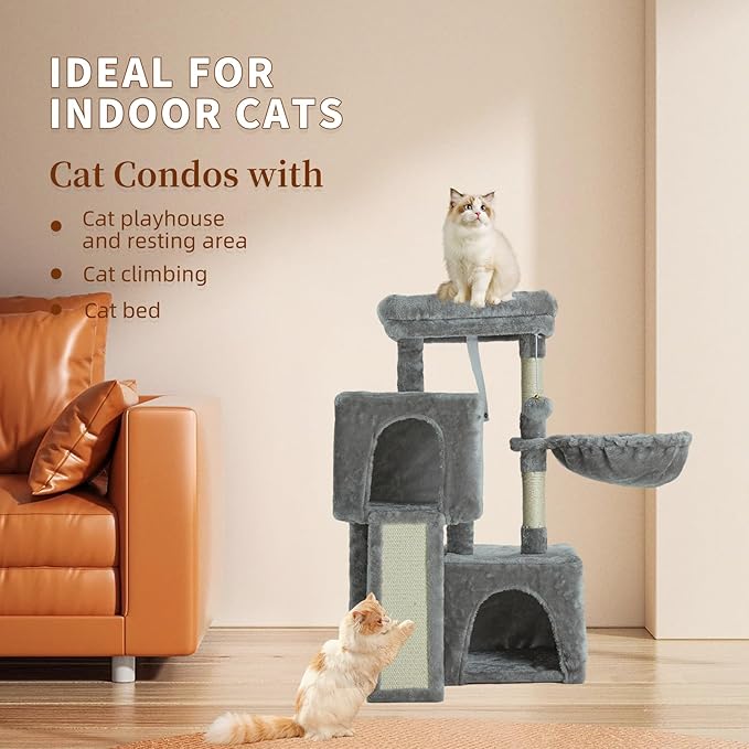 35.8-inch Cat Tree with Double Cat Beds & Hammock, Plush Perch Scratcher with Comfort Sleep Platform and Toy Ball for Indoor Cats (Grey)