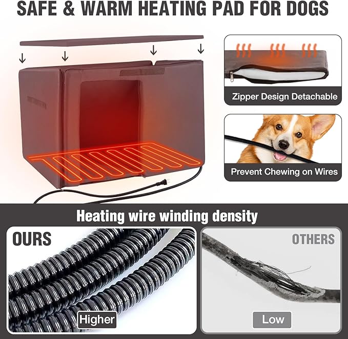 43.3'' Large Heated Outdoor Dog House Weatherproof with Anti-bite Metal Frame, Insulated Dog Kennel with Heating Pad for Outside, Dog Shelter for Small to Large Dogs (Grey)