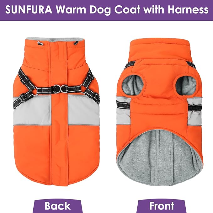 SUNFURA Small Dog Coat with Harness Built in, Warm Dog Jacket Winter with Zipper On Back, Waterproof Pet Snow Jacket Snowsuit Pet Sweater Clothes for Puppy, Orange XS
