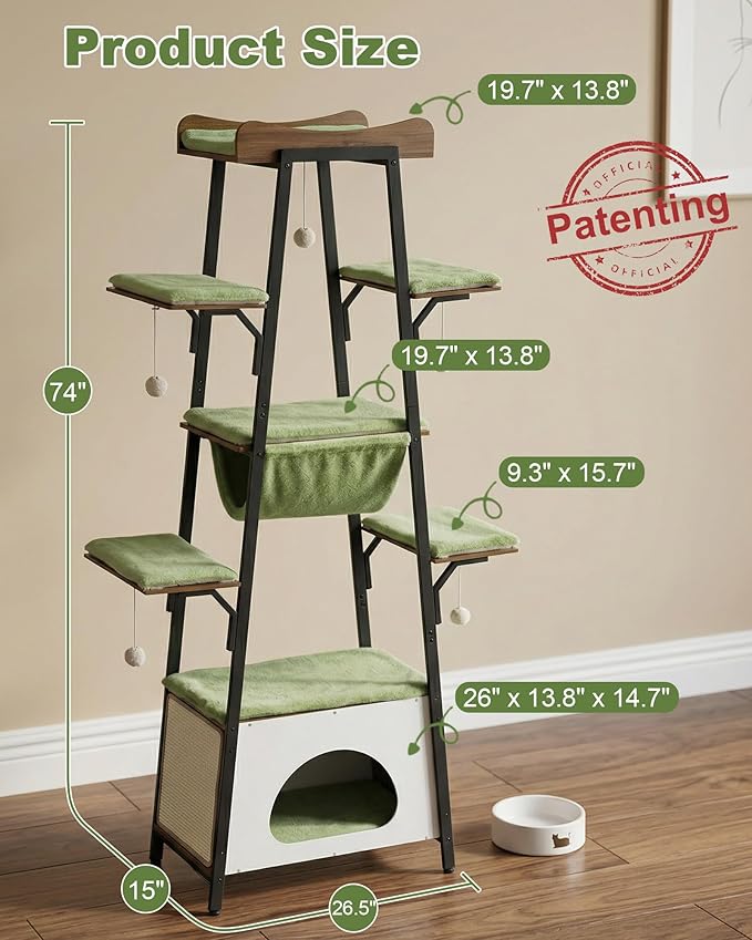 74-Inch Modern Cat Tree Tower for Large Cats, Multi-Level Cat Tower with Scratching Board, Large Perch, Hammock, Removable Pads, Green