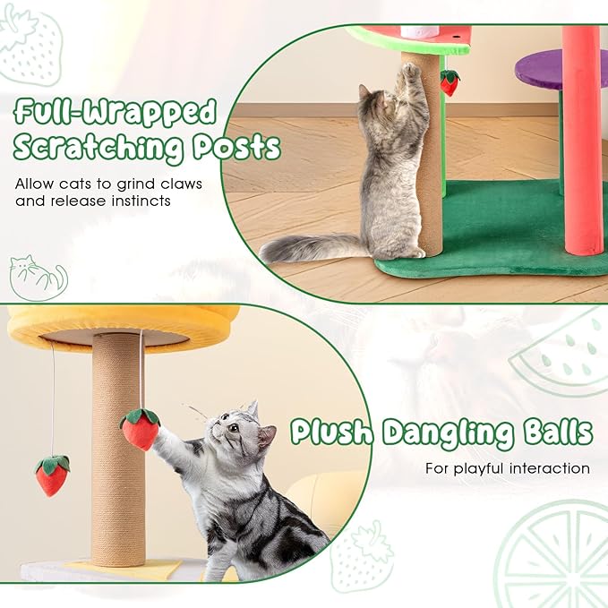 PETSITE 45-inch Cute Cat Tree, Multi-Level Cat Tower with Scratching Posts, Plush Padded Top Perch, Fruit-Shaped Platforms, and Strawberry Dangling Balls, Fruit Cat Tree Tower for Indoor Cats
