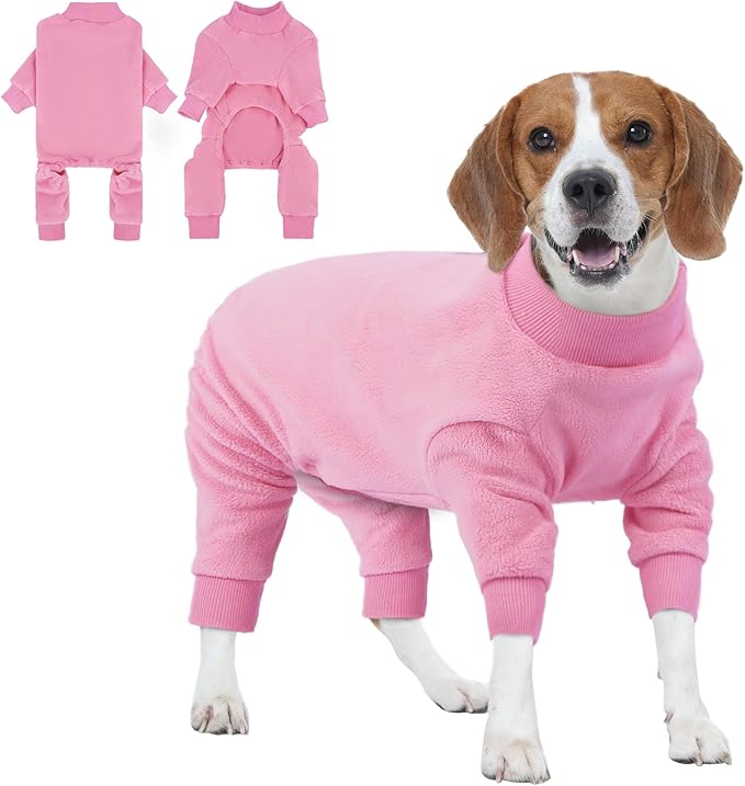 IECOii Fleece Dog Winter Coat, Warm & Stretchy & Comfortable, Dog Sweaters with Feet Covered for Winter Fall, Indoor Outdoor Jackets, Pajamas Medium Sized Dogs Girls, Machine Washable, Pink, Size L