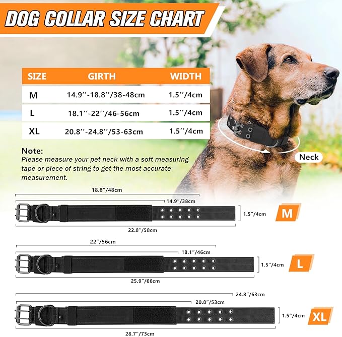 Tactical Dog Collar Military Dog Collar Adjustable Training Nylon Collar Heavy Duty Metal Buckle Tactical Collars for Medium Large, with Black Patch (Black, Large)