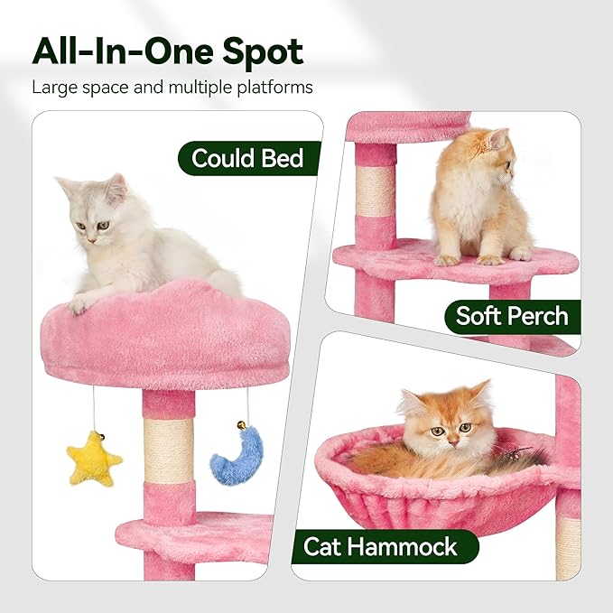 43-Inch Cat Tree,Cute Cloud Cat Tree for Kittens & Small Cats Under 6 Months 9lbs, Cat Tower with Scratching Post, Double Condos, Plush Hammock & Dangling Toys, Pink