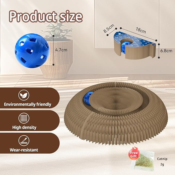 Kitty Curlz Magic Organ Cat Scratching Board with Bell Ball,Foldable Accordion Kitty Curls Cat Scratcher,Reversible Curling Toy for Indoor Cats,Blue Small Fish