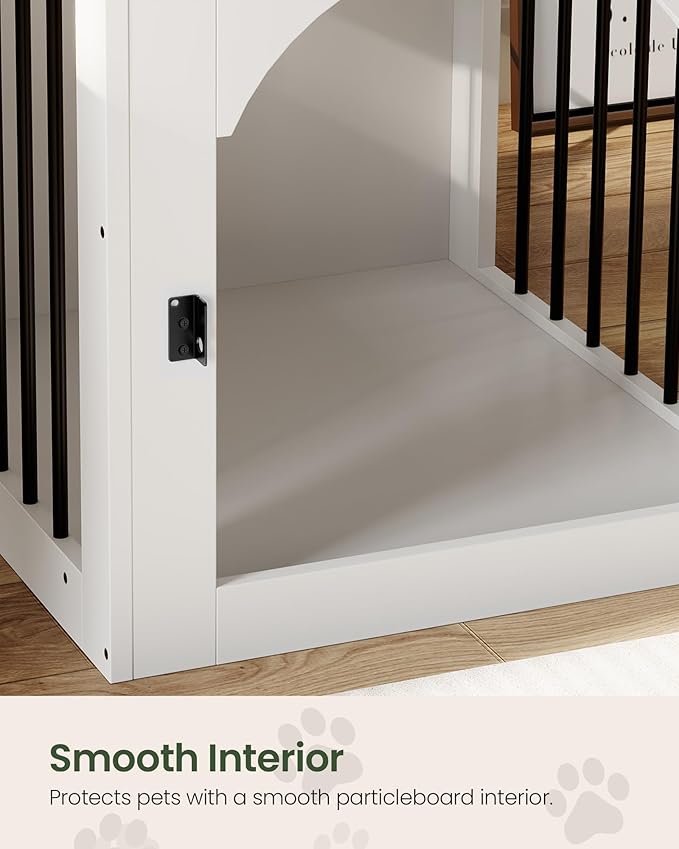 Dog Crate Furniture, Wooden Dog House with Charging Station and Storage Drawer, Indoor Pet Crate End Table for Small Breeds, Dog Kennel for Living Room, Bedroom, White and Walnut MGW01UWL