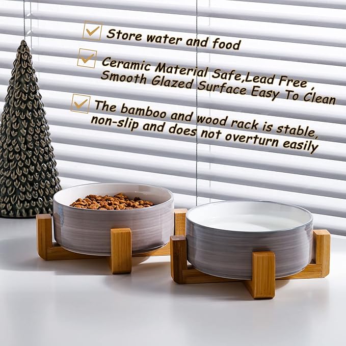 Petygooing Ceramic Cat Dog Bowl Set with Stand, Pet Food and Water Bowl,Medium Pet Dishes Anti Slip Set of 2 Cat Dog Bowls-Cute Modern Pet Food Bowls Small Medium Size (28 OZ /3.6 Cups) Grey White