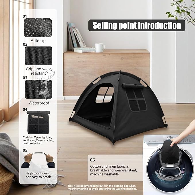 Open Design Pet Tent, Cozy Monitoring Bed for Cats & Puppies, Breathable Mesh Walls for Security & Ventilation, Indoor Outdoor Travel, Black