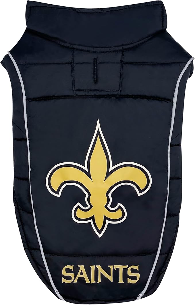 NFL New Orleans Saints Puffer Vest for Dogs & Cats, Size Large. Warm, Cozy, and Waterproof Dog Coat, for Small and Large Dogs/Cats. Best NFL Licensed PET Warming Sports Jacket