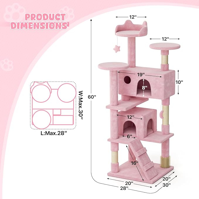 Magshion Cat Tree 60" Cats Tower for Indoor Cats, Multi-Level Cat Condo with Scratching Post, Top Perch, Sisal Board and Dangling Ball, Cat Stand Jumping Platform Kittens Pet Play House (Pink)