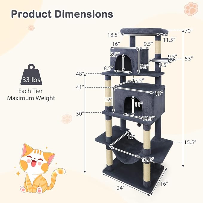 Tangkula 70 Inch Tall Cat Tree, Multi-Level Large Cat Tower with Sisal Scratching Posts, Plush Top Perch, 2 Condos, Hammock, 2 Dangling Balls, Cat Tree Tower for Indoor Cats Large Adults (Dark Grey)