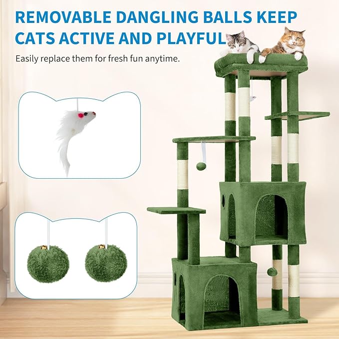 Cat Tree 61" Tall, Sisal Wrapped Scratching Post, Cat Nest, Hanging Ball, Extended Platform