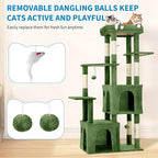 61" Large Cat Tree Tower for Indoor Cats, Heavy-Duty Multi-Level Cat Condo for Maine Coon & Big Cats with Extra-Large Perch, 2 Spacious Houses, Sisal Scratching Posts & Hanging Toys - Green