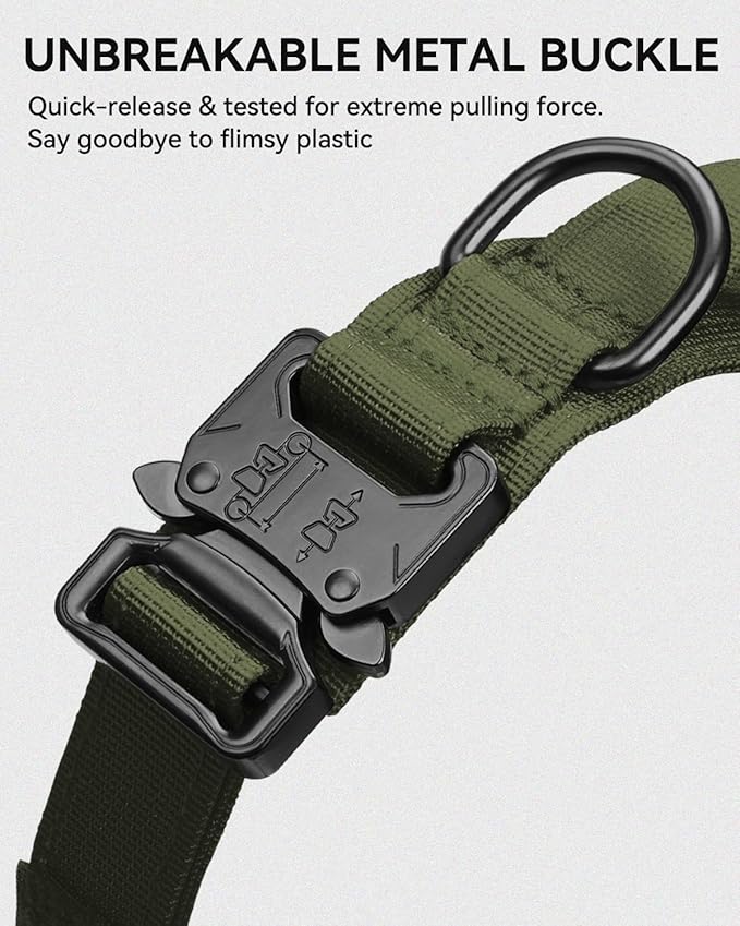 Joytale Tactical Dog Collar with Handle and Metal Buckle, Heavy Duty Padded Military Collar with 2 Patches for Training, Adjustable for XLarge Dogs, ArmyGreen, XL