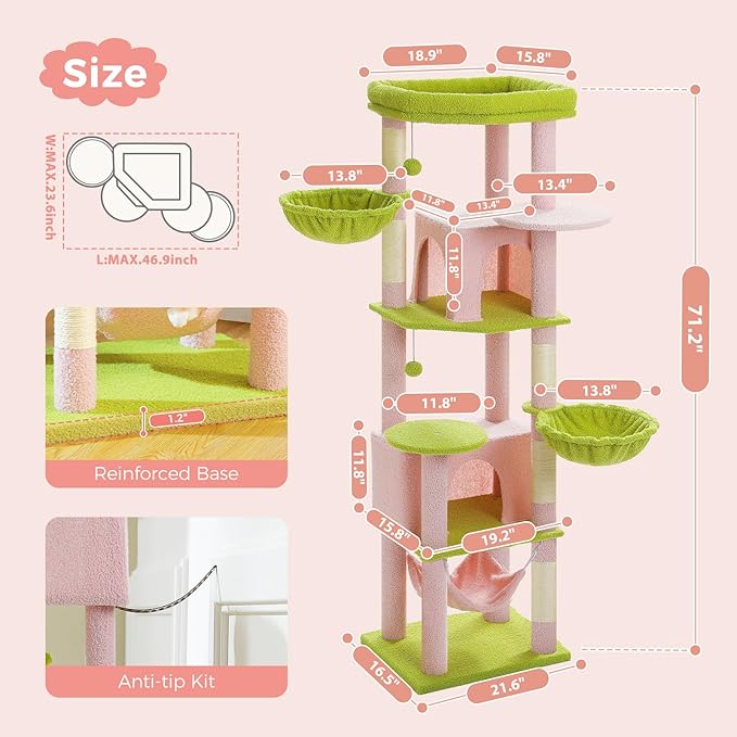 71.2 Inches Flower Tall Cat Tree for Large Cats, Multi-Level Cat Tower with 2 Cozy Condos, Super Large Top Perch, 3 Hammocks, Sisal Scratching Posts and 2 Pompoms, Pink