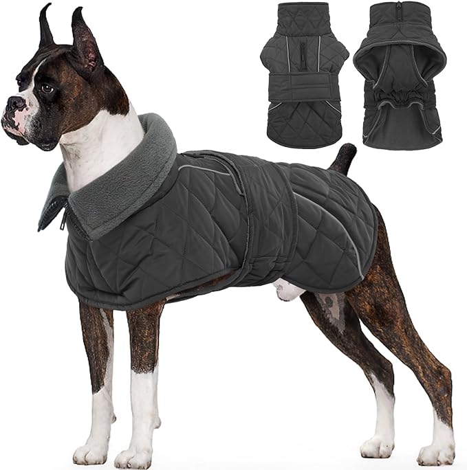 Kuoser Dog Winter Coat Waterproof Dog Snow Jacket, Warm Fleece Lined Pet Turtleneck Snowsuit Puppy Cold Weather Coats with Harness Hole, Adjustable Winter Vest for Medium Large Dogs, Grey, L