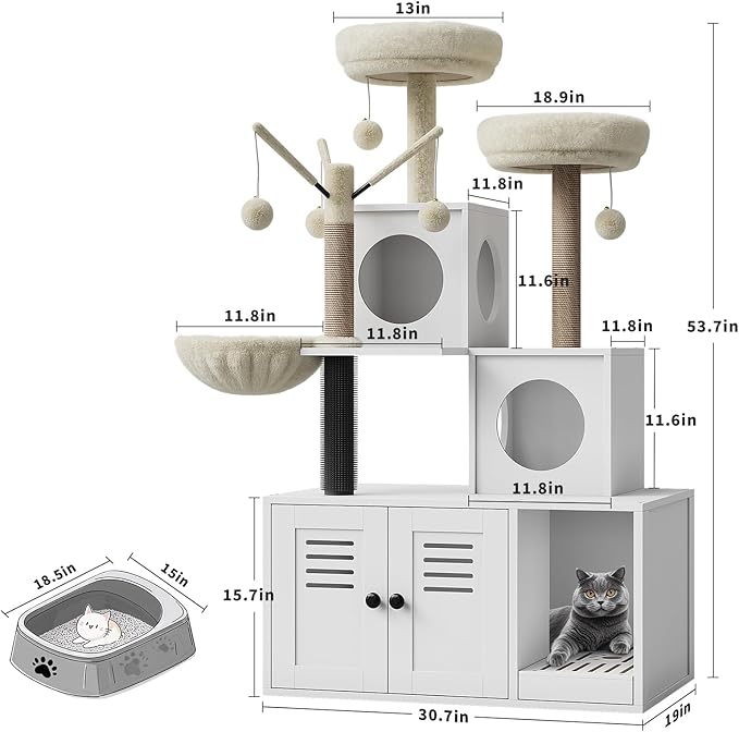 53.7-Inch Cat Tree, Wooden Hidden Litter Box Furniture with Cat Condo/Hammock/Scratching Post, 2-in-1 Modern Cat Tower with Plush Perch/Removable Pompom Sticks/Caves, Suitable for Types of Cats