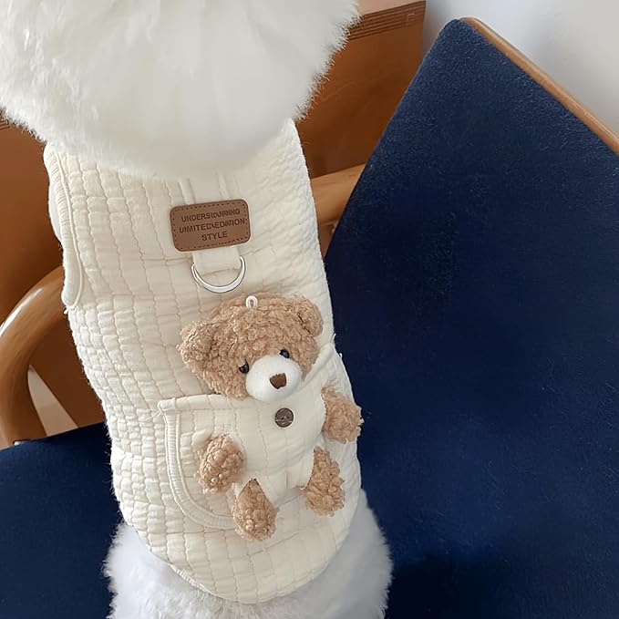 Cute Pet Apparel Plush Bear Pattern Cartoon Dog Clothes All Season Sleeveless Puppy Kitten Pullover Soft Skin-Friendly (White2, M (4.4-7.7lbs))
