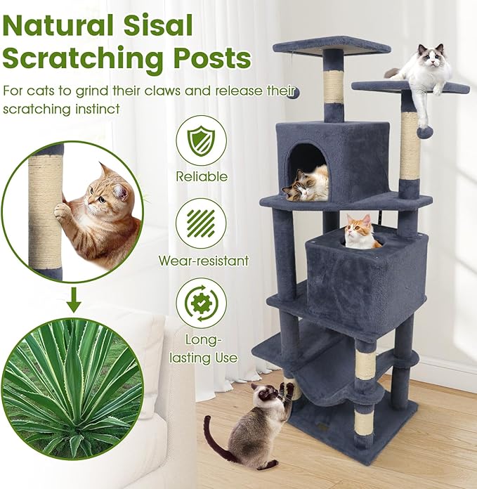PETSITE 57-inch Modern Cat Tree, Multi-Level Cat Tower with 2 Comfy Condos, Sisal Scratching Posts, Plush Top Perch, Snug Hammock, and Dangling Balls, Ideal for Indoor Cats and Kittens (Dark Grey)