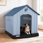 LEMBERI Durable Waterproof Plastic Dog House for Small to Medium Sized Dogs, Indoor Outdoor Doghouse with Air Vents and Elevated Floor, Easy to Assemble (Blue, 33.5" L x 31.5" W x 33.9" H)