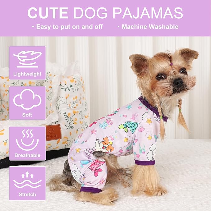Dog Pajamas Pjs Spring Summer Dog Clothes for Small Dogs Girl Boy, Soft Stretchy Tiny Chihuahua Yorkie Puppy Clothes Doggie Onesies Cat Pet Jammies Outfit, Mermaids, S