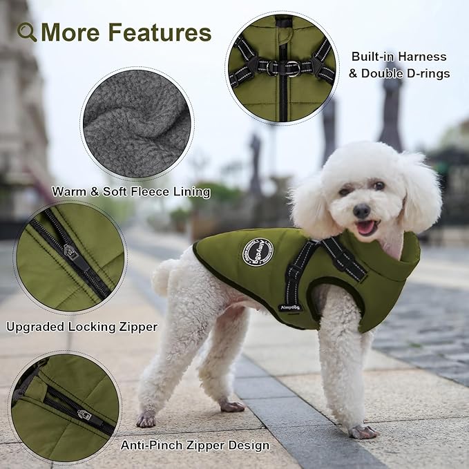 Dog Winter Coat, Warm Dog Jacket Reflective Adjustable Fleece Vest with Harness Built in, Windproof Pet Snow Jacket Snowsuit with Zipper for Small Medium Dogs, Green XS