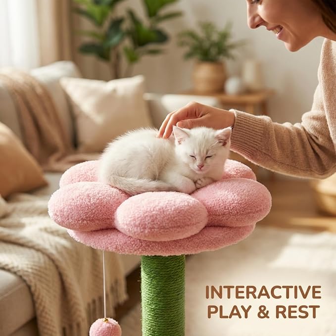 Cat Tree for Large Cats, Modern Senior Friendly 40'' Cat Tower with Wide Shelves, Scratching Posts, Super Sturdy Base, Cozy Perches, and Interactive Toys for Indoor Kittens (Pink)