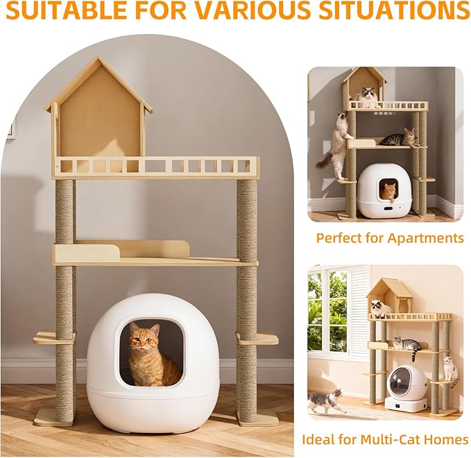 Wood Cat Tree for Automatic Litter Box, 60.2 Inch Tall Modern Cat Tree Tower with Litter Box Enclosure, Multi-Level Wooden Cats Tower Furniture with Scratching Posts, Condo House for Indoor Cats