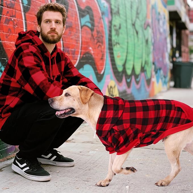 KOOLTAIL Plaid Dog Hoodie Pet Clothes Sweater with Hat and Pocket for Small Medium Large Size Dogs, Soft Winter Warm Dog Cold Weather Coat, Fleece Fall Dog Hooded Sweatshirt for Puppy Cats, Red L