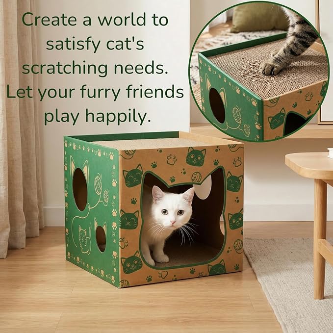 2 Pack Cardboard Cat Houses, Cat Play House with 2 PCS Scratching Pad, Corrugated Kitten Hideaway Cave, Cute Cats Condos Box, Cat Scratching Toy, Scratcher Bed for Indoor Cats, Kittens, Bunny