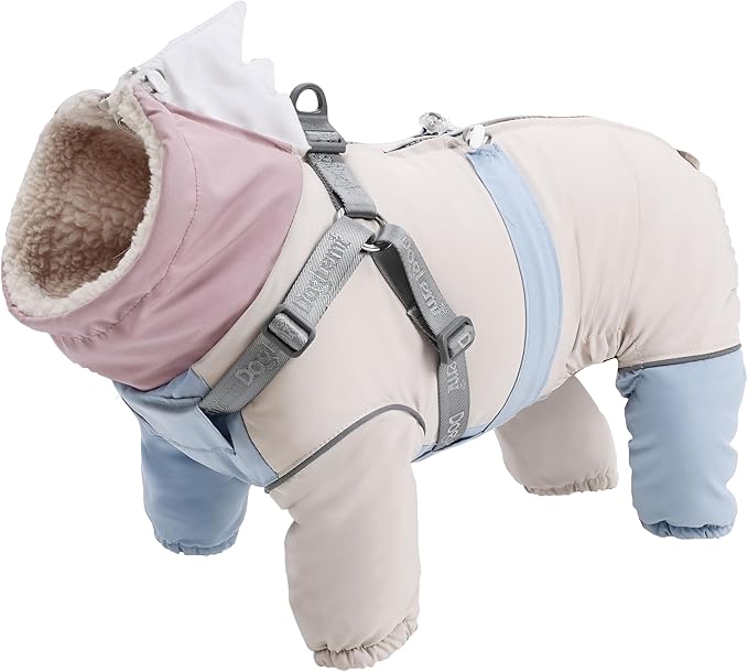 Dog Snowsuit with Built-in Harness, 4-Leg Full Body Winter Coat, Fleece Lined Puffer Jumpsuit with Back Zipper & Reflective Trim for Small Medium Large Dogs (Pink, Medium)