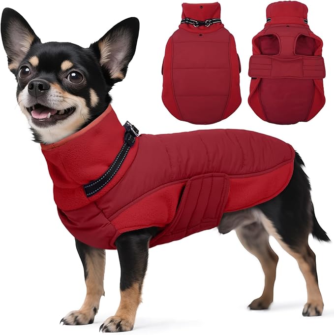 BRKURLEG Dog Winter Coat with Harness Built in, Warm Jacket for Small Medium and Large Dogs, Windproof Turtleneck Fleece Dogs Snowsuit with Hook & Loop, Reflective Christmas Dog Jacket, Red XS