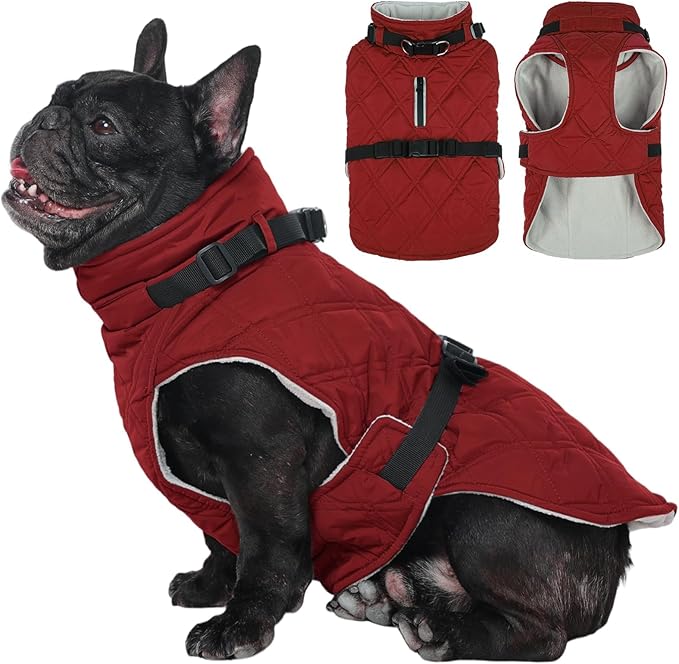Kuoser Dog Coat Warm Fleece Lining Turtleneck Dog Jacket with Harness Built-in, Adjustable Windproof Cold Weather Coats with Quick Release Buckle Pet Winter Snowsuit for Small Dogs, Red S