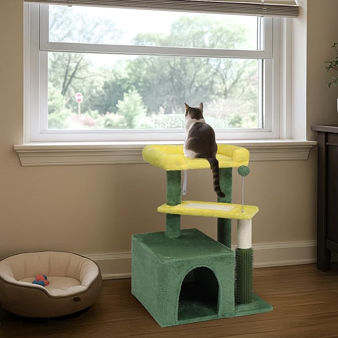 26.7" Small Cat Tree for Indoor Cats, Multi-Level Cat Tower with Sisal Scratching Post & Pad, Cozy Cat Condo, Padded Top Perch & Self Groomer, Forest Green & Yellow