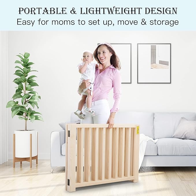 COZIWOW Freestanding Wooden Dog Gate - Indoor Pet Gate with Walk-Through Door, Adjustable and Portable Dog Barrier for Small to Medium Dogs, No Drilling Required, Stylish Wooden Finish,Natural
