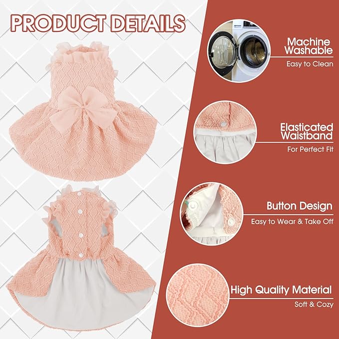 Kuoser Dog Dress, Cute Dog Dresses for Large Dogs Girl Elegant Puppy Tutu with Bow-Knot, Doggie Princess Costume Pet Outfit for Birthday Party Christmas Halloween Wedding, Pink XL