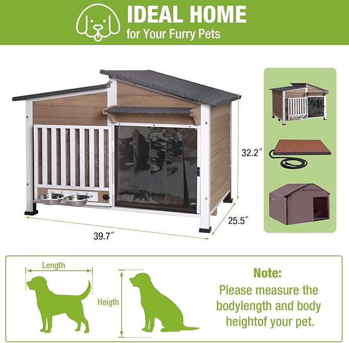 GUTINNEEN Large Heated Dog House Outdoor Insulated Dog Kennel Weatherproof Dog Shelter with Safe Heating Pad, Thermal Liner, Rotatable Spill-Proof Bowl for Large Dog Breeds, 39.7"L x 25.5"W x 32.2"H