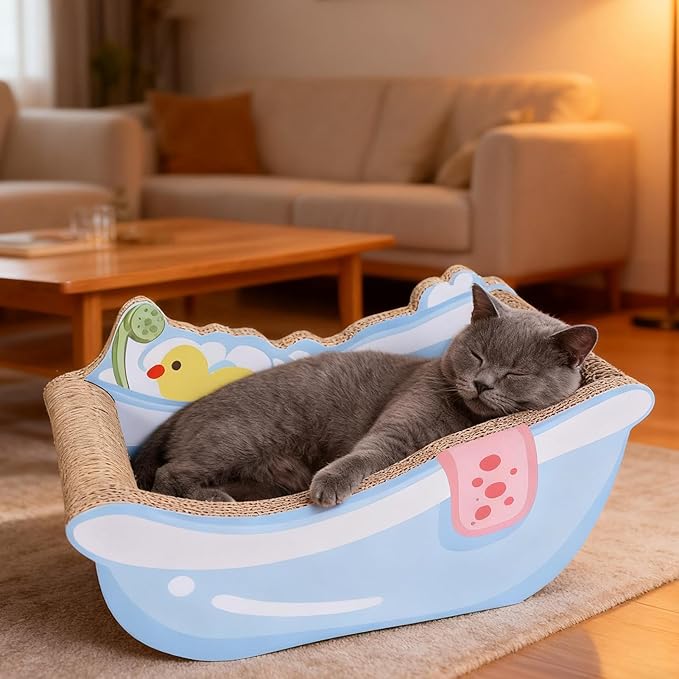 Cat Bed - Bathtub Nest with Scratching Board | Bathtub-Shaped Calming Cat Bed - for Kitten Puppy Small Dog Pet Home Decor Living Room Balcony Apartment Dorm Sleeping Play