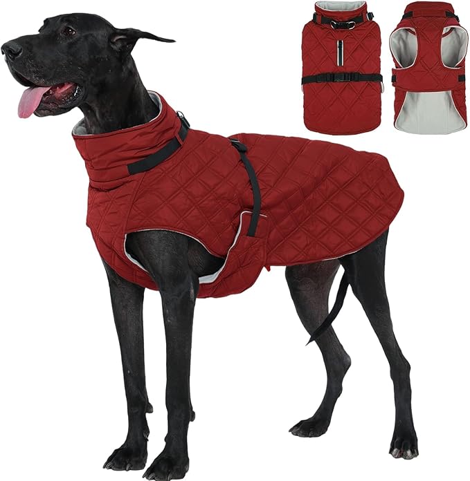 Kuoser Dog Coat Warm Fleece Lining Turtleneck Dog Jacket with Harness Built-in, Windproof Cold Weather Coats with Quick Release Buckle Pet Winter Snowsuit for Extra Large Dogs Great Dane, Red 3XL
