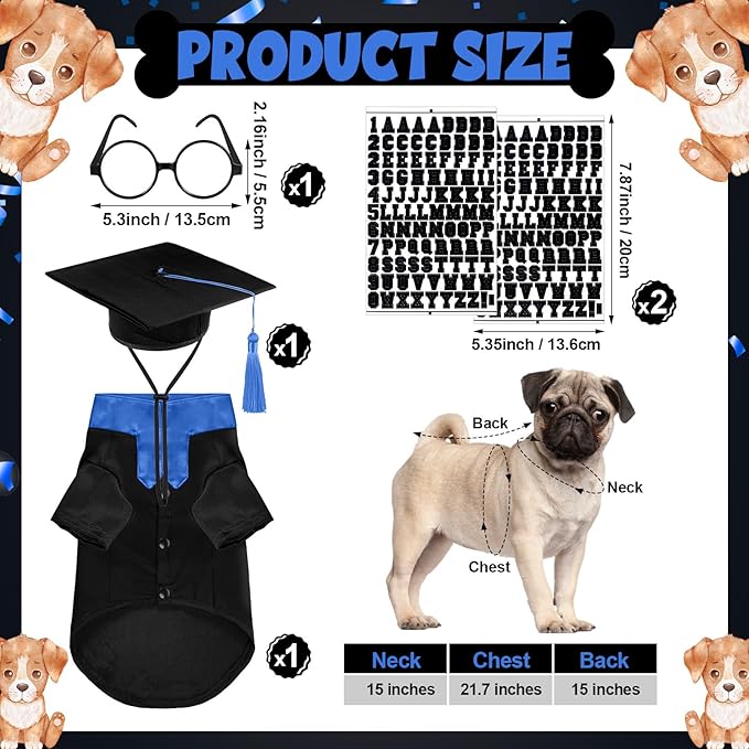 5 Pcs Dog Graduation Costume Set Include 2026 Pet Graduation Gown with Stole Puppy Grad Cap Lensless Glasses DIY Letter Stickers for Dogs Cats Holiday Costume Accessory(Black Royal Blue,M)
