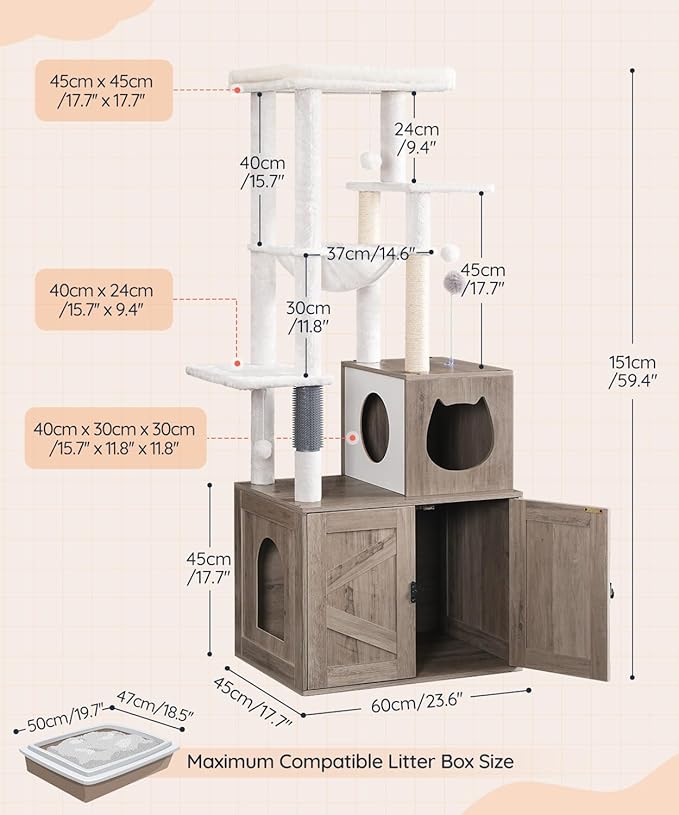 HOOBRO Cat Tree with Litter Box Enclosure, Tall Cat Tower for Indoor Cats, All-in-One Modern Cat Condo, Hidden Litter Box Enclosure Furniture, with Cat House, Sisal Posts, Greige and White BG51MZ03