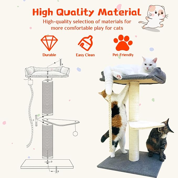 35" Cat Tree Tower for Indoor Cats, Tall Cat Scratching Post with Large Bed for Maine Coon Big Cats, Sisal Cat Scratcher with Soft Perch & Hammock, Stable Cat Stand, Gray